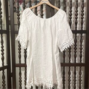 LUNGO L’ARNO White 100% Linen Crochet Italy Fairy Boho Mini Dress Plus Size 2X